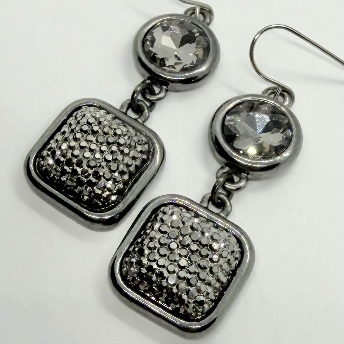 Vtg Bold Gunmetal Gray Crystal Drop Earrings Hook Square Pave Cocktail Bling