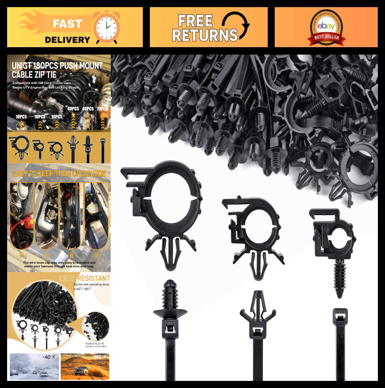 180pcs Nylon Cable Ties & Wire Loom Clips | Push Mount Zip Ties for Trucks, Cars