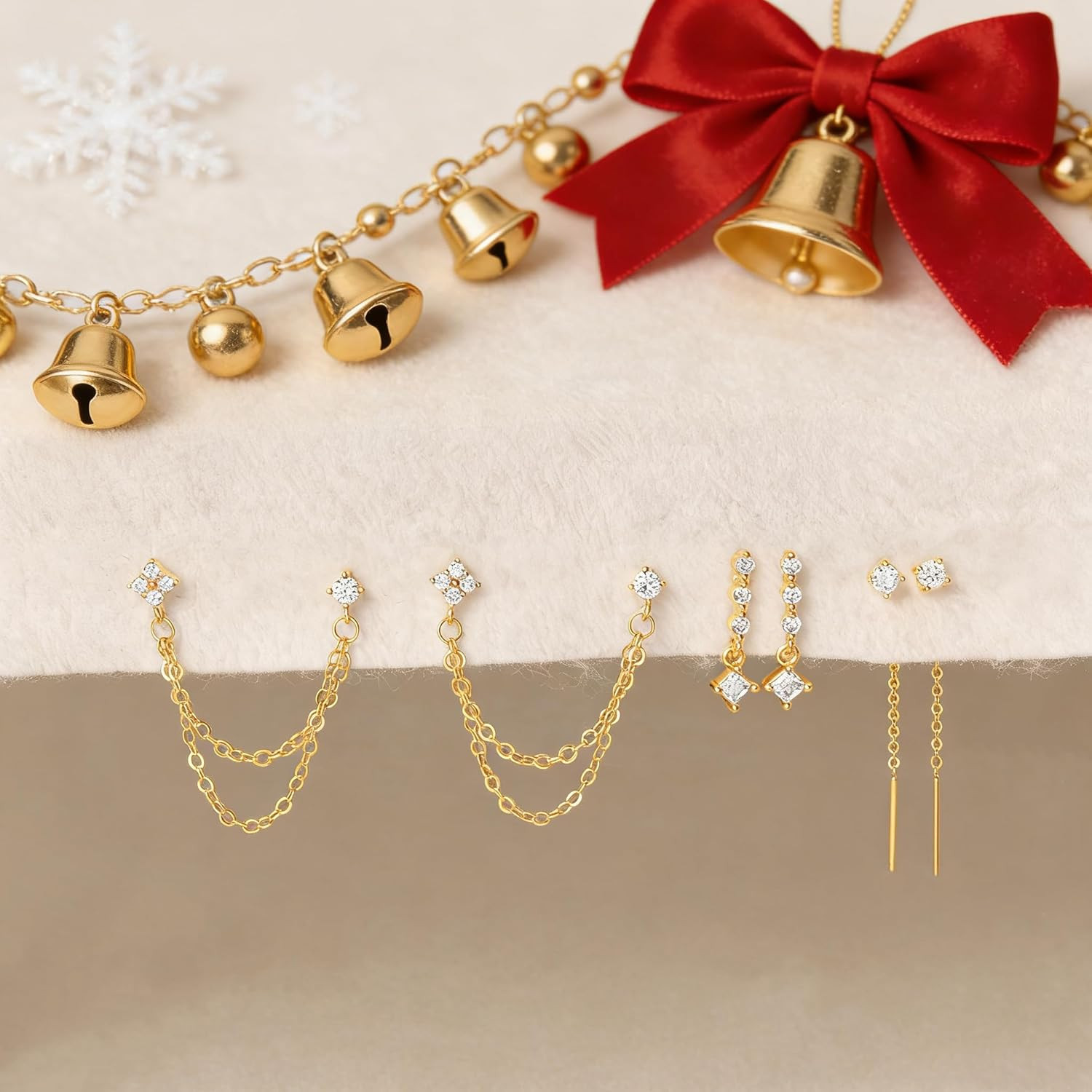 14K Gold Plated Dangle Earrings Set CZ Hoop Stud Stack