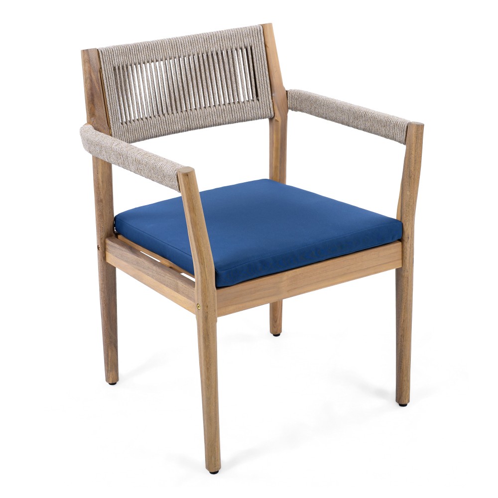 2 Acacia Wood Patio Chairs with Navy Blue All-Weather Cushions