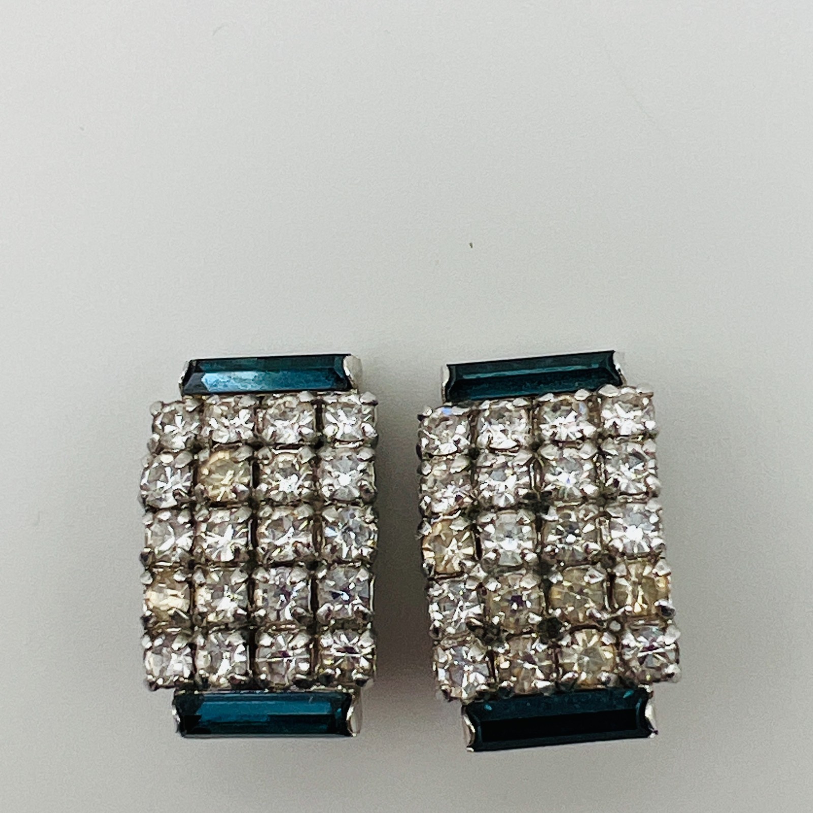 Rhinestone Clip Earrings Blue Baguette Clear Rhinestones Rectangle Vintage Glam
