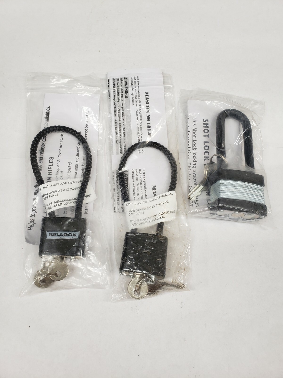 Qty/3 Gun Locks - 1 Bellock B300-8"KA, 1 Mascon MCL01-P, 1 Shot Lock SL40-238