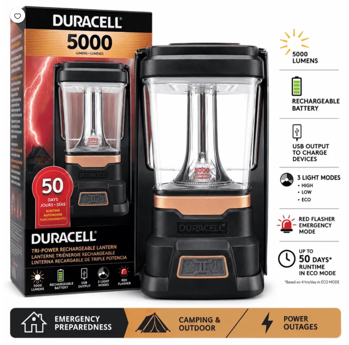 Duracell 5000L Tri-Powered LED Lantern Solar USB-C Rechargeable NEW