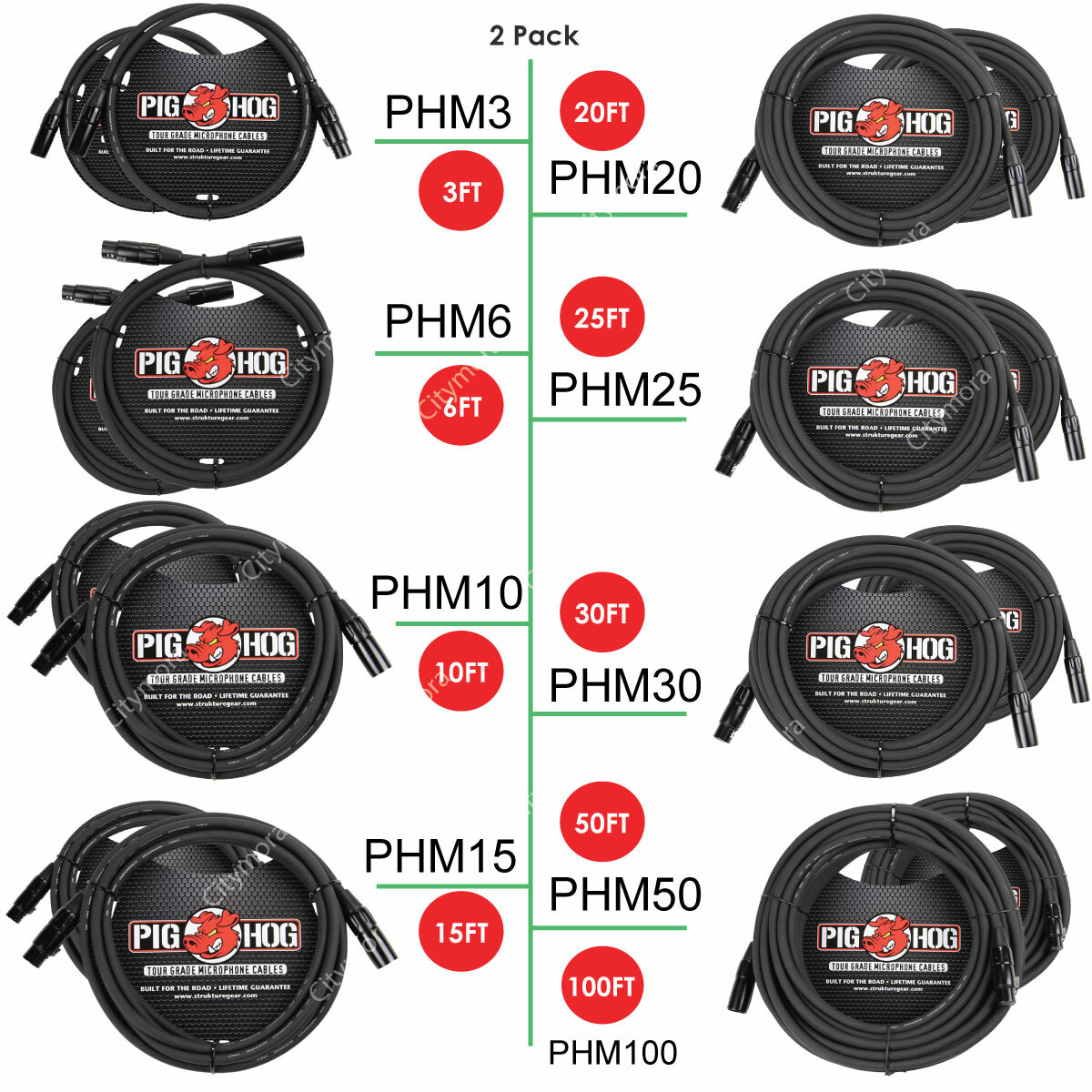 2 PACK Pig Hog PHM3/6/10/15/20/25/30/50/100 High Performance 8mm XLR Mic Cable