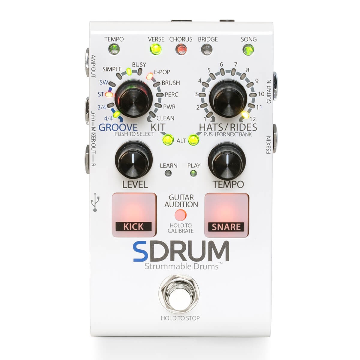 Digitech SDRUM Strummable Drum Pedal + DigiTech FS3X Footswitch & 2 Patch Cables