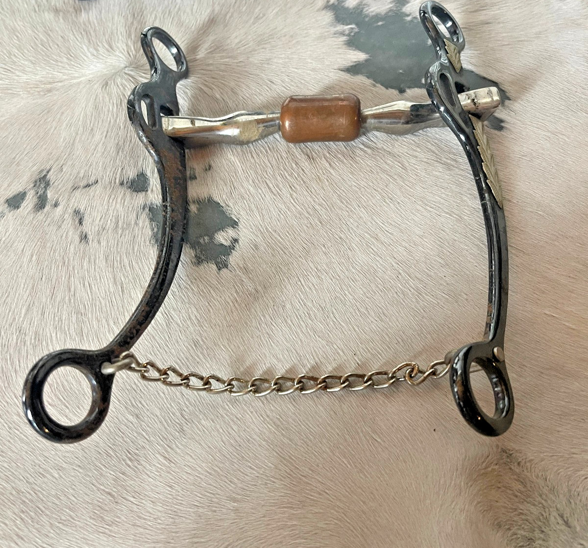 Long Shank Snaffle Bit Five and a half in Mouth Copper Roller chain Black Silver