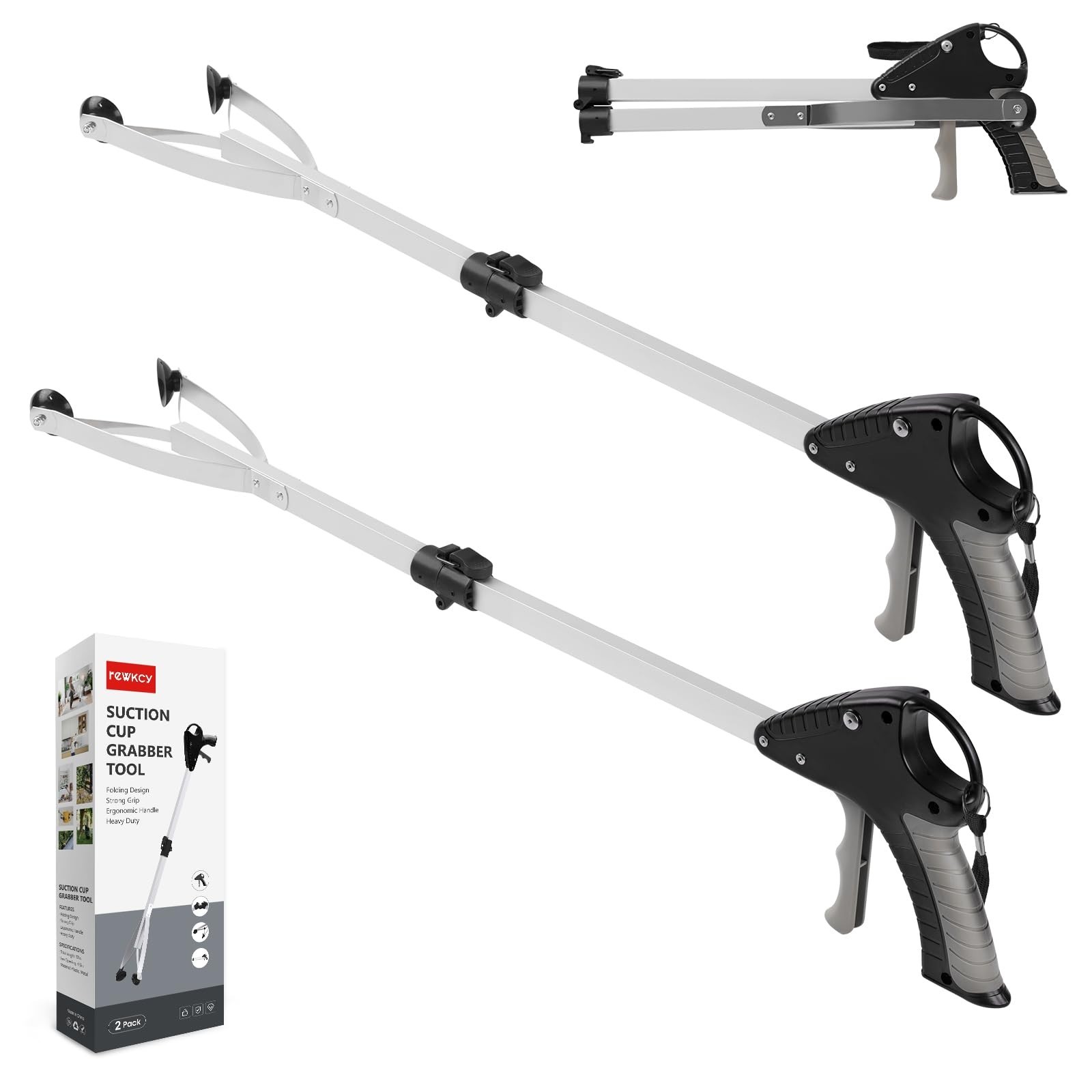 32" Foldable Grabber Tool 2-Pack - Heavy Duty Suction Cup Grip, Trash Picker for