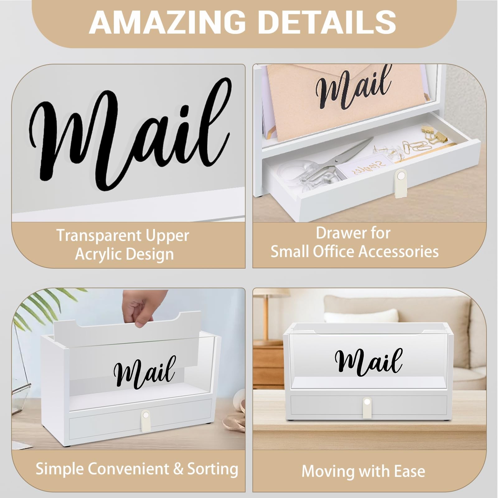 Two-Layer Solid Wooden Mail Storage Organizer Acrylic Drawer Leather Handle Gift