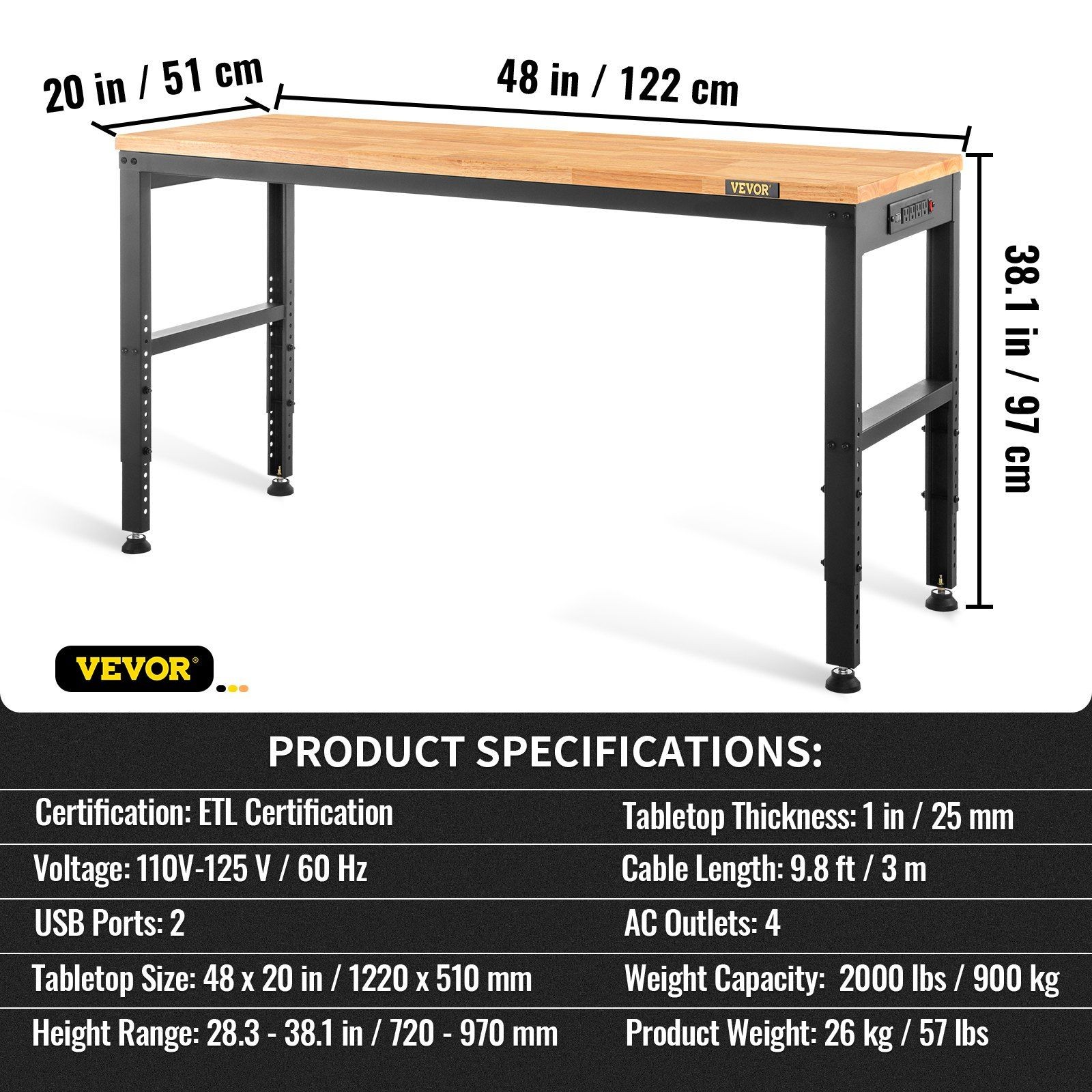 48" Workbench 2000LBS Capacity Adjustable Height w/ Power Outlets Hardwood Top