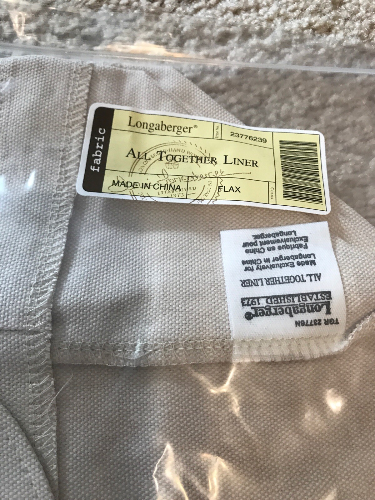 LONGABERGER ALL TOGETHER BASKET LINER FLAX - NEW