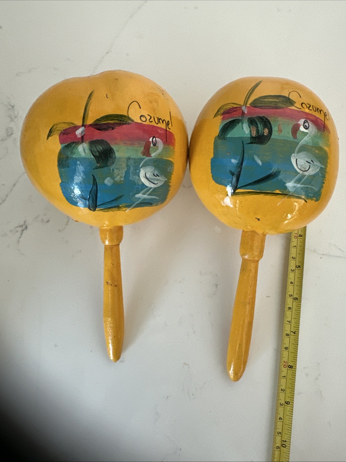 Vintage Pair Of Hand Painted Wooden Maracas Made In Cozumel
