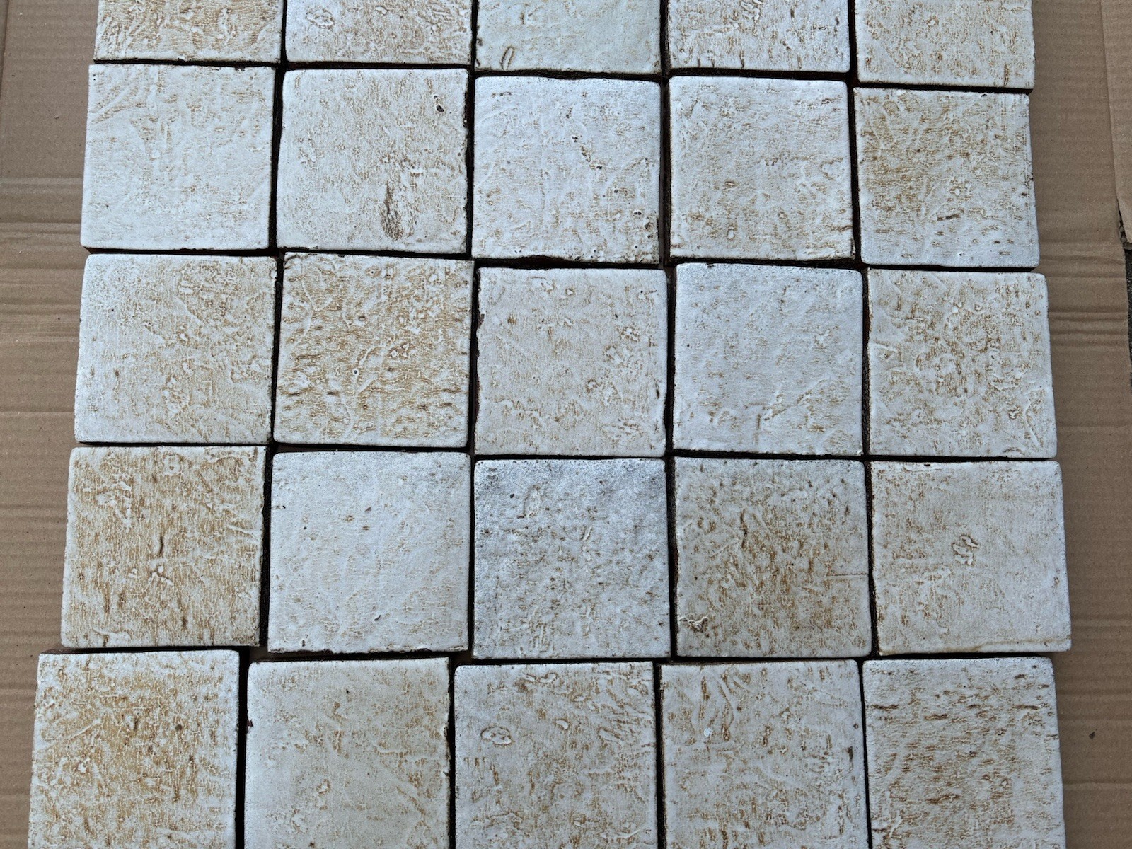 4 Vintage Hand Made Mottled Glazed Field Tile THICK 3 7/8"sq Set of 4 NOS #A