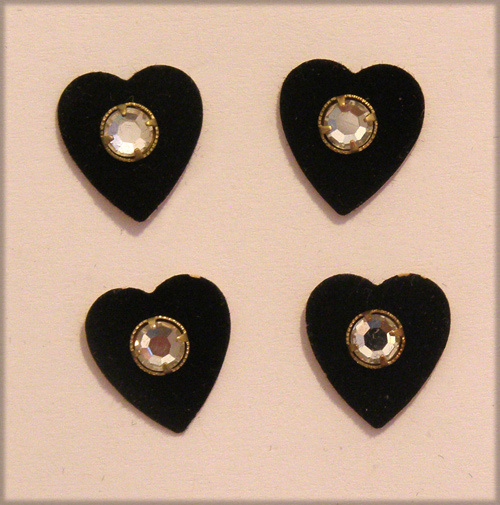 VINTAGE ANTIQUE BLACK VELVET velveteen  RHINESTONE FLAT BACK HEART HEARTS • 14mm