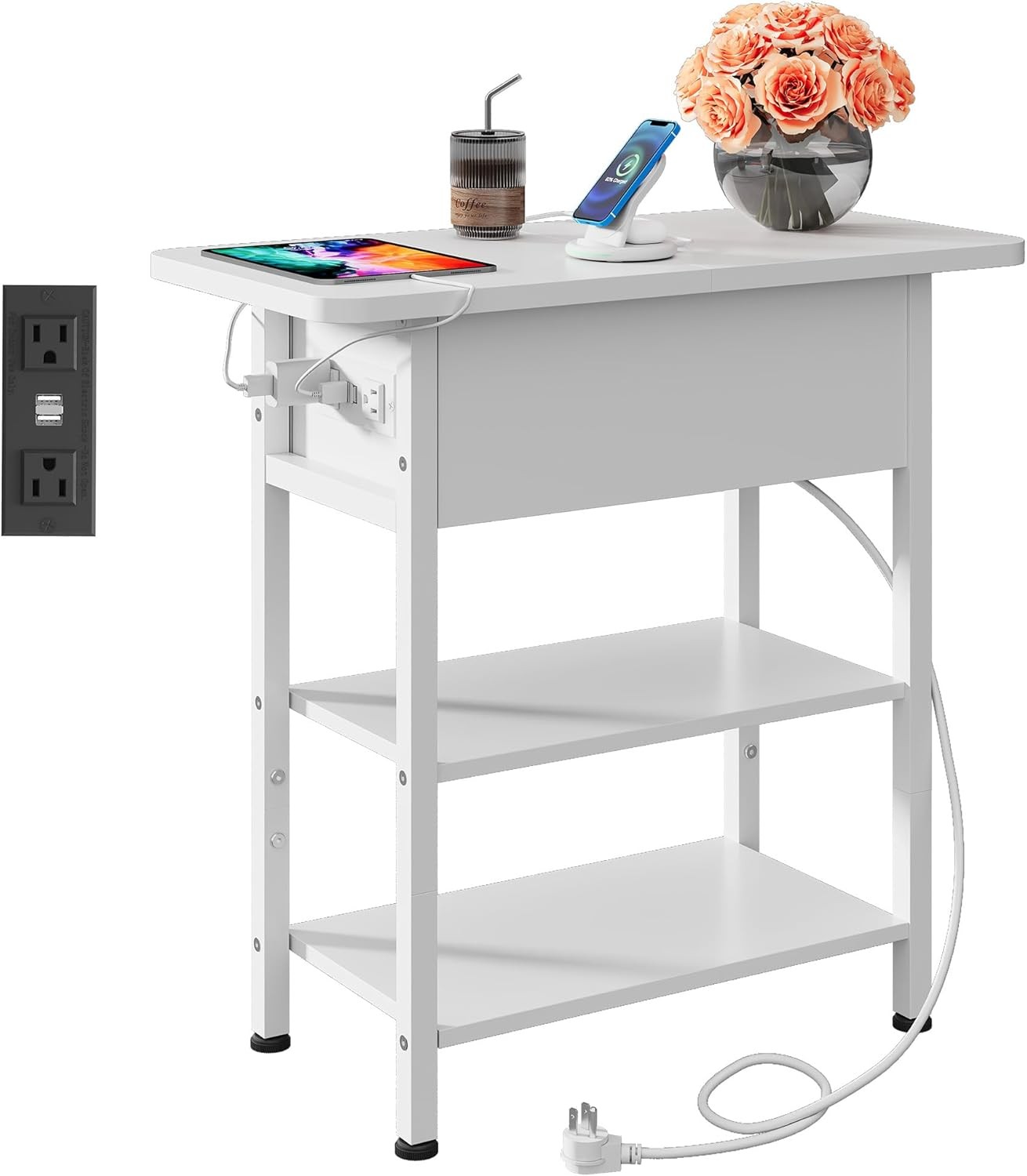 End Table W/ Charging Station Flip Top Narrow Side Table W/ Storage Shelf Small