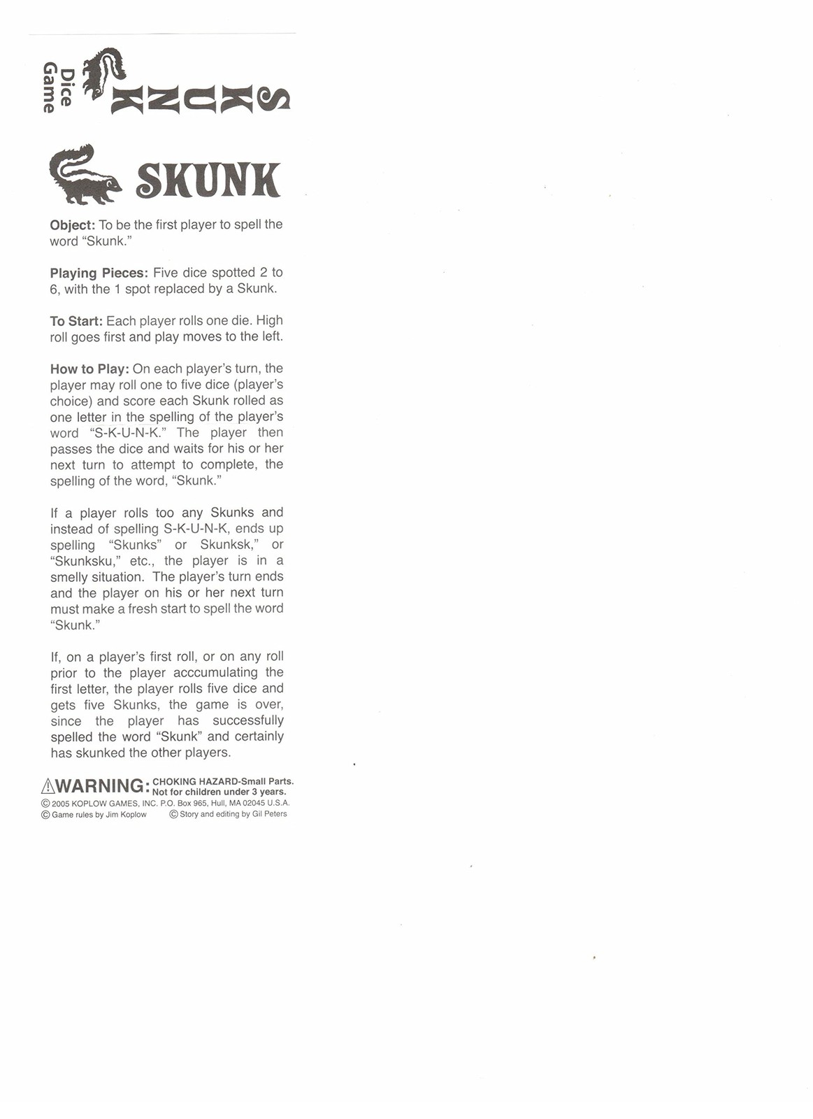 - Skunk Dice Game (5 Dice)