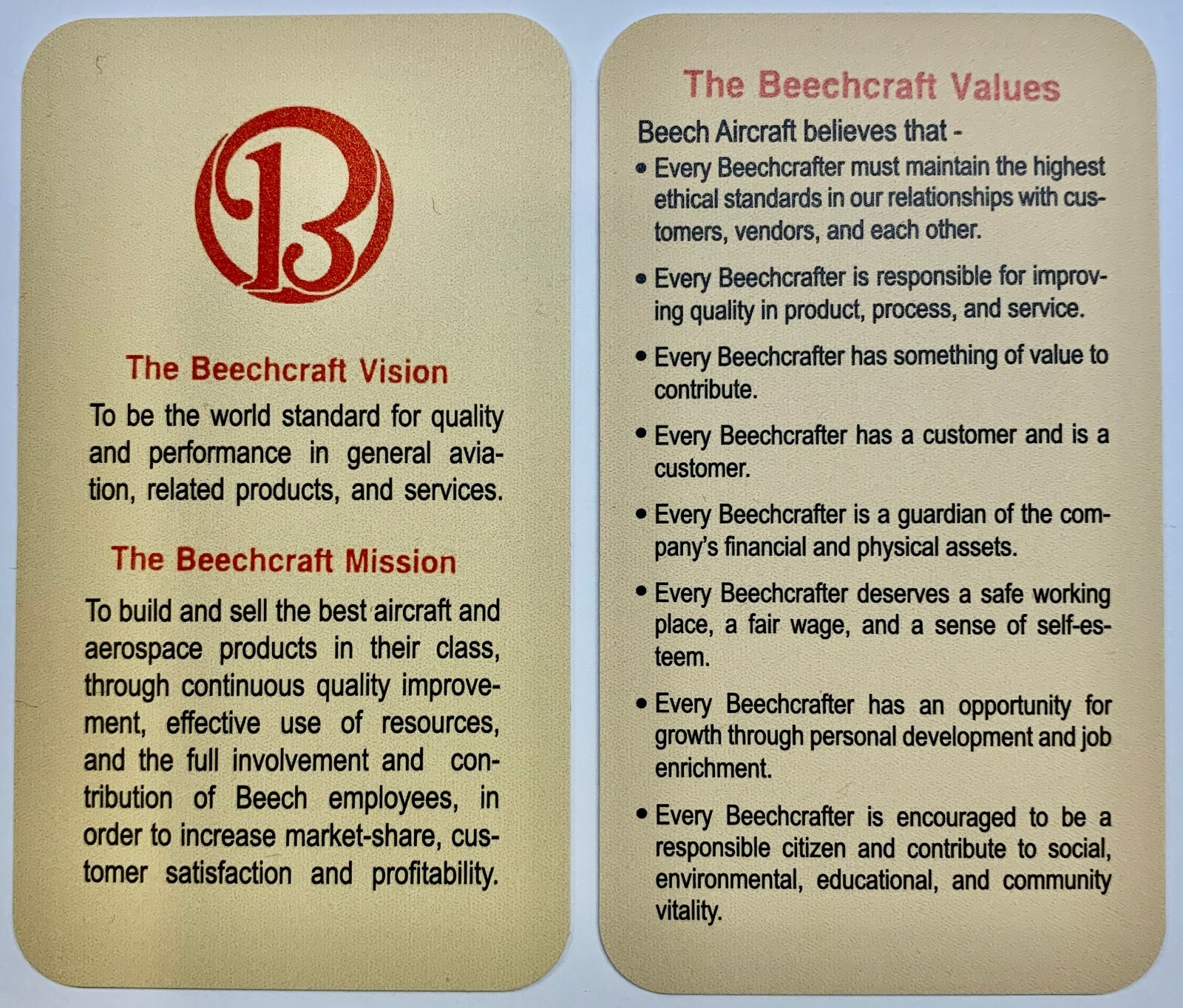 2-Sided Beechcraft Vision/Mission/Values Plastic Cards (Lot of 10)   EPH-0109