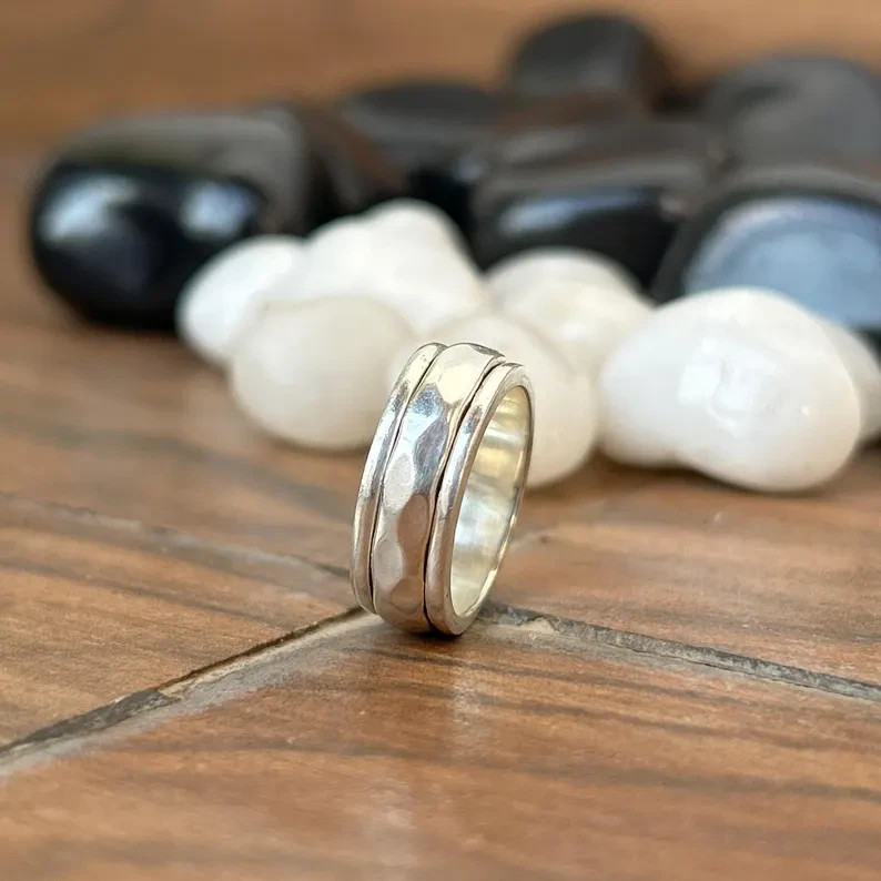 925 Sterling Silver Hammered Wide Band Ring Unisex Statement Jewelry All Size