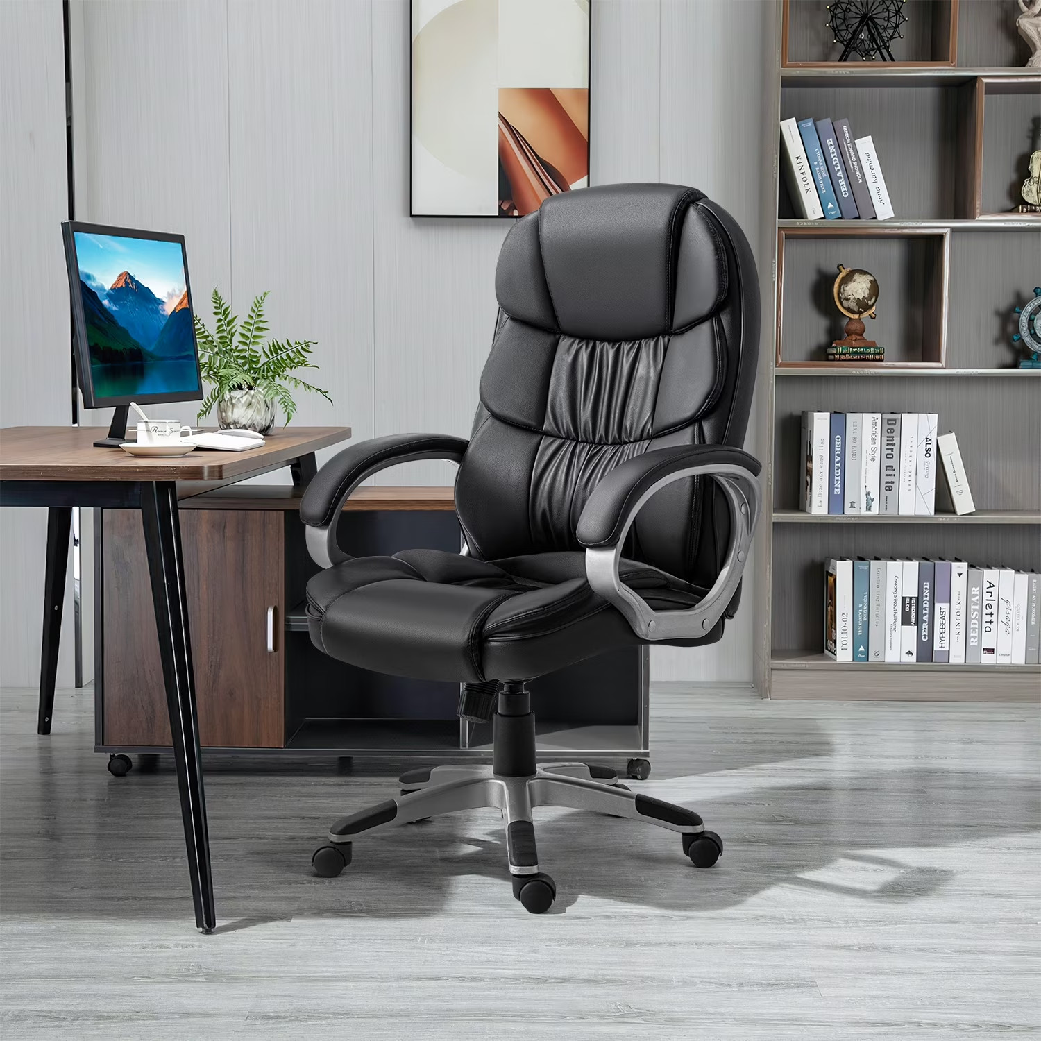 Leather High Back Office Chair Ergonomic Swivel Lumbar Padded Arms Black
