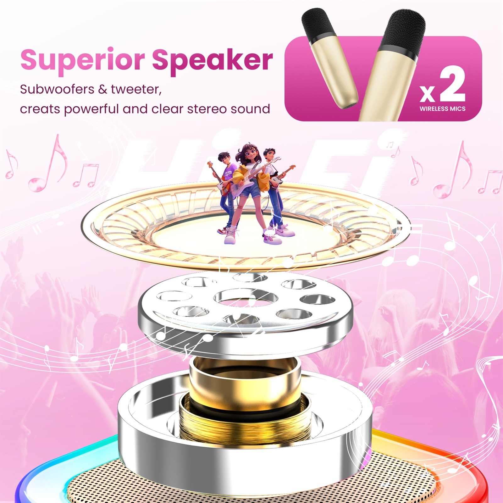 Gold Mini Karaoke Machine Portable Bluetooth Speaker 2 Wireless Microphones