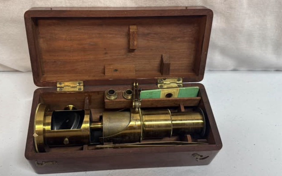 Antique Brass Field Drum Microscope With Original Box, Slides