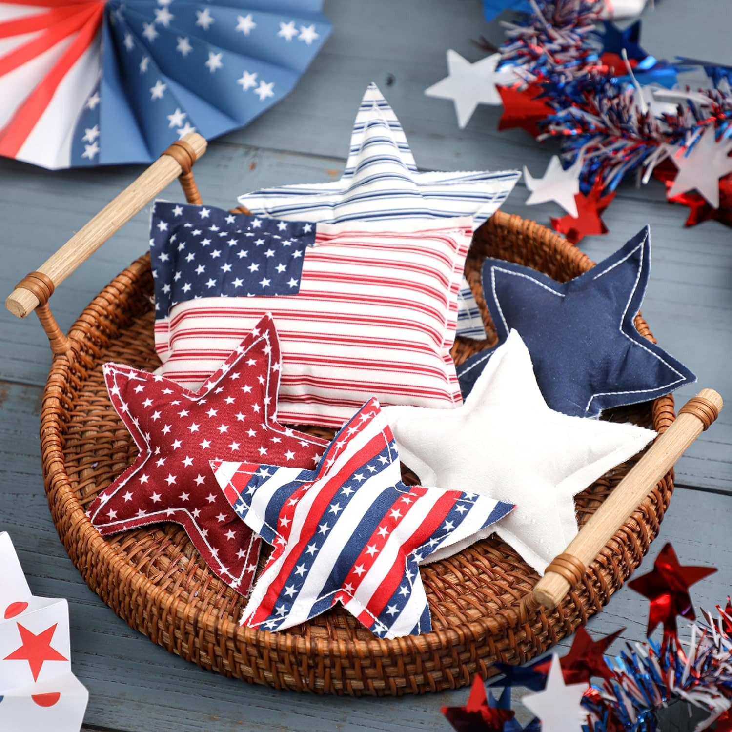 4Th of July Stars Ornaments for Tiered Tray Decor - 6Pcs Patriotic Stuffed Fabri