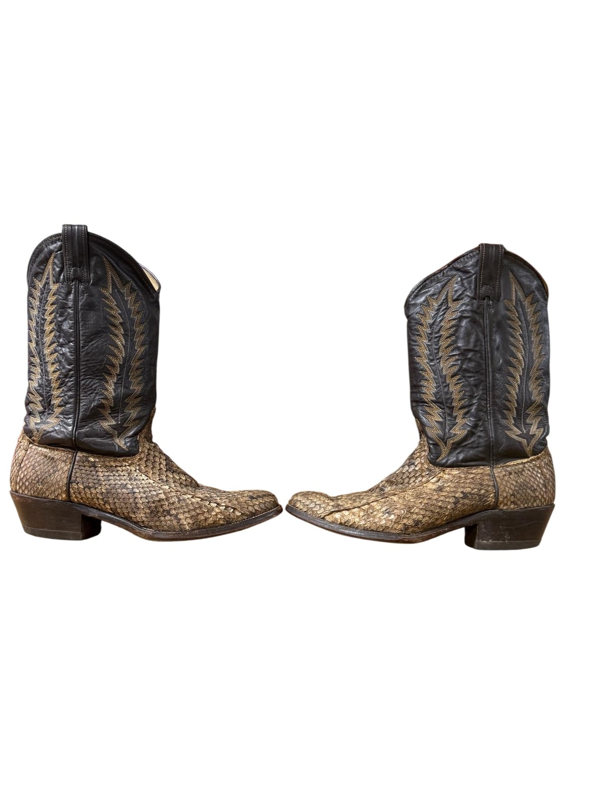Snakeskin Western Boots Mens Size 10 Brown Leather Round Toe Cowboy USA Vintage
