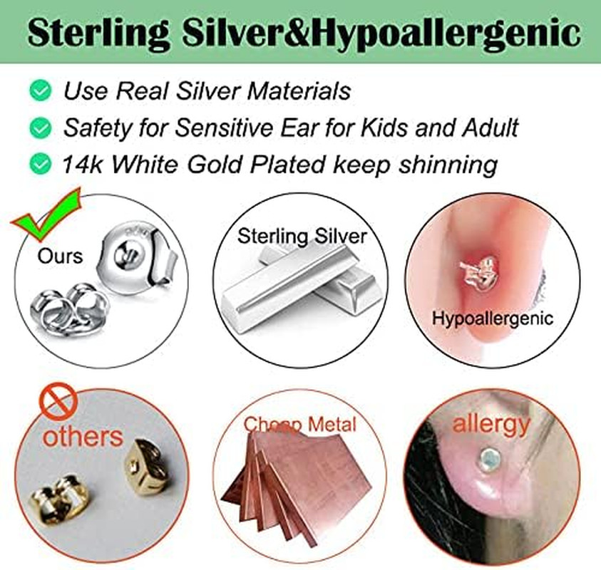 14K Sterling Silver Earring Backs, 6 Pairs for Droopy Ears, Adjustable Hypoaller