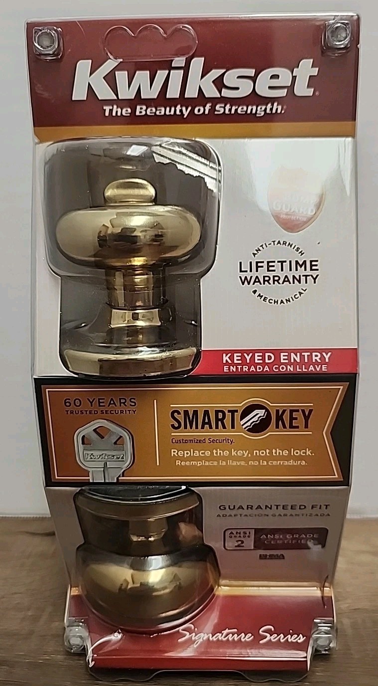 Kwikset Polished Brass Entry Door Knob Featuring SmartKey Security