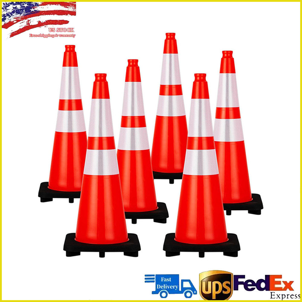 6/8/10PCS 28inch Safety Cones Black Base PVC Traffic Cones w/ Reflective Collar