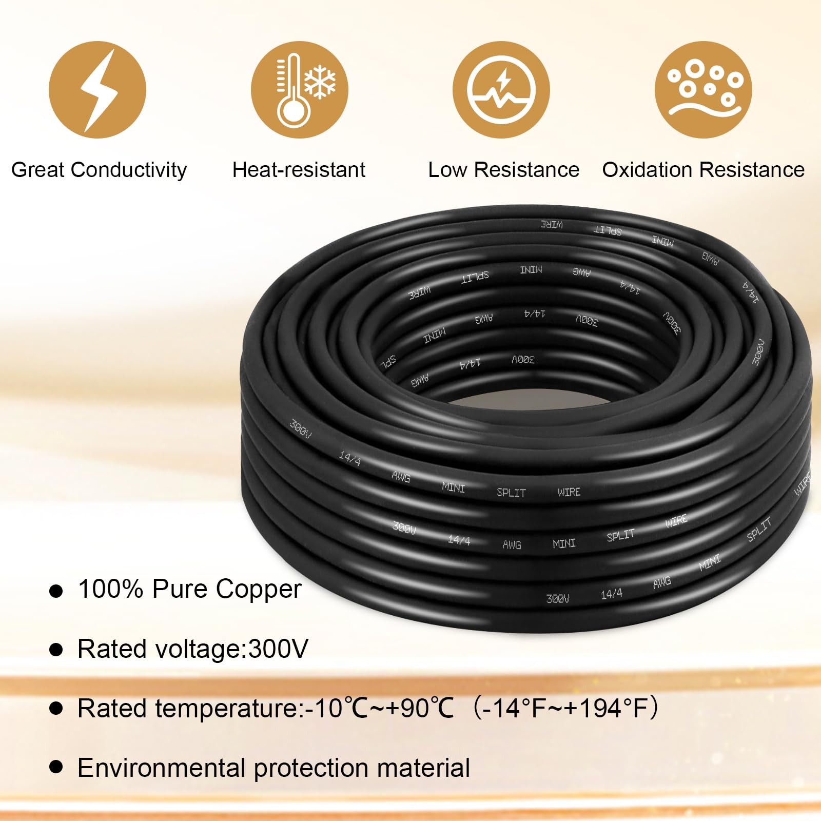 MOOKEERF 14/4 AWG Mini-Split Cable - 75FT 14 4 Conductor Control