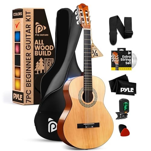 Pyle 36" Beginner Acoustic Guitar Kit 3/4 Junior Instrument (Natural Wood Gloss)