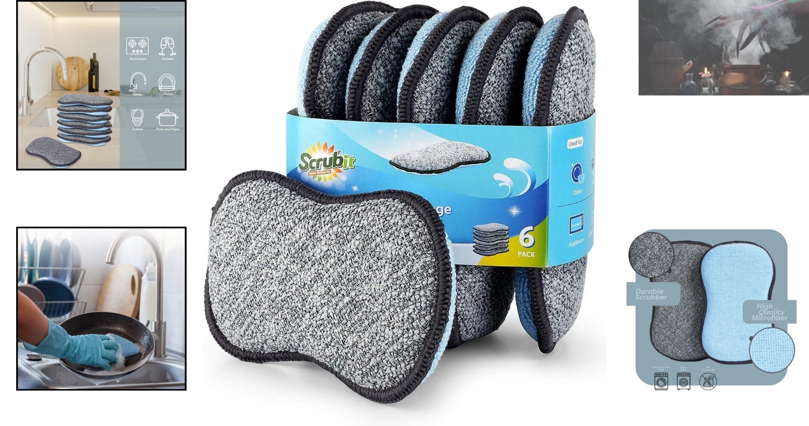 Heavy-Duty Reusable Kitchen Sponges - 6 Pack with Smart Microfiber Technology