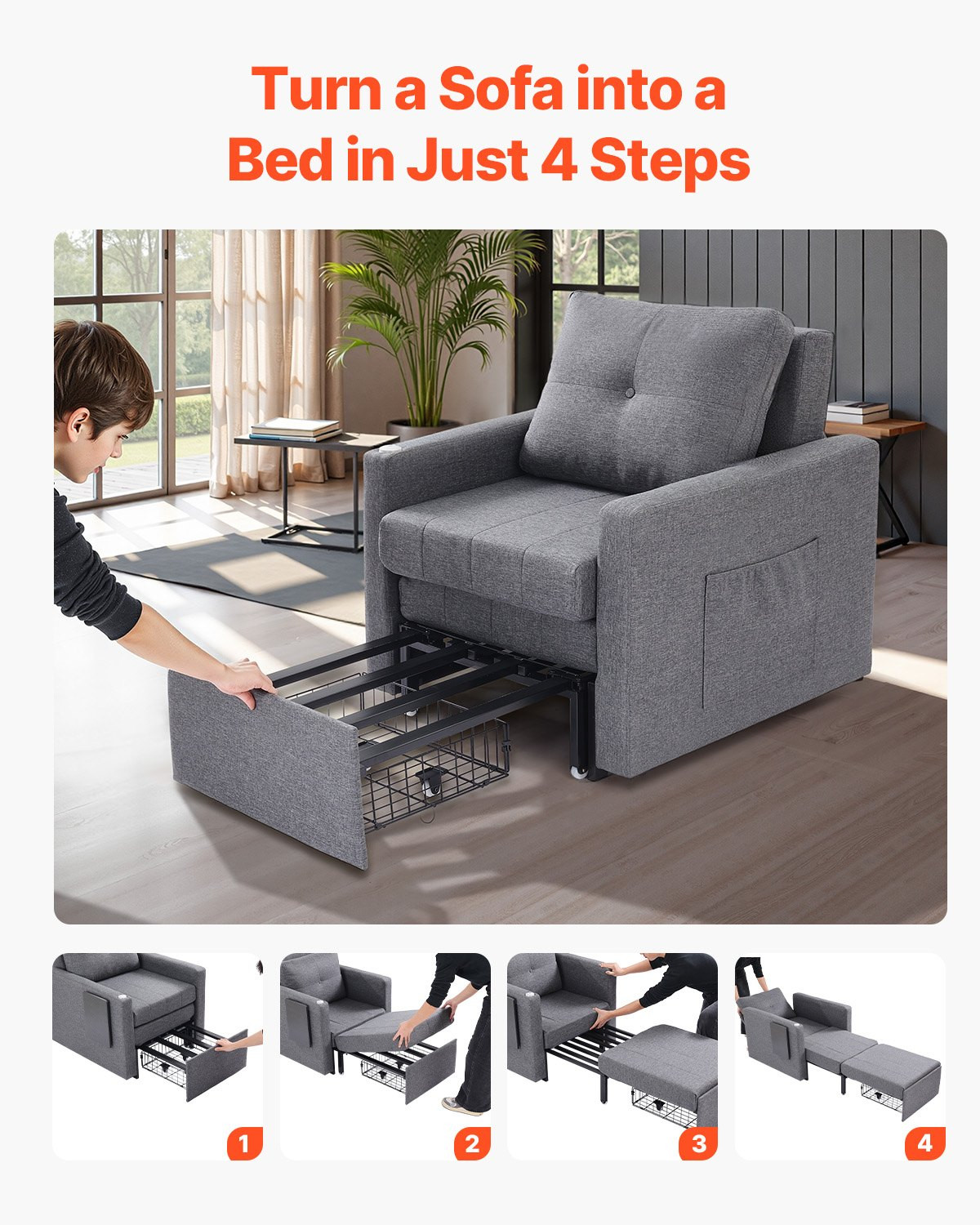Convertible Sleeper Sofa Bed w/ Storage, Pillow, Desk, Wheels, Gray, 5-Position