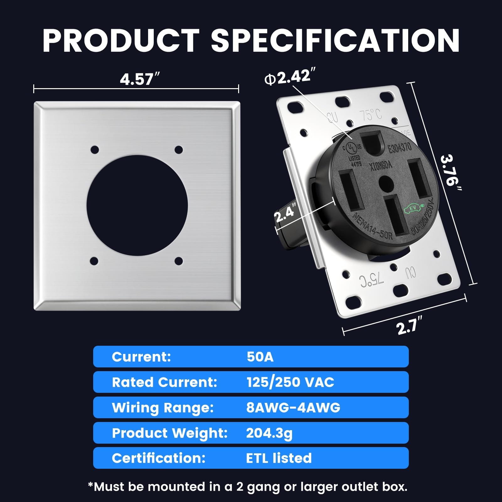 HBL9450A Straight Blade Device Socket, RTPï¼Œ 3-Pole 4-Wire System, 50A 125/250
