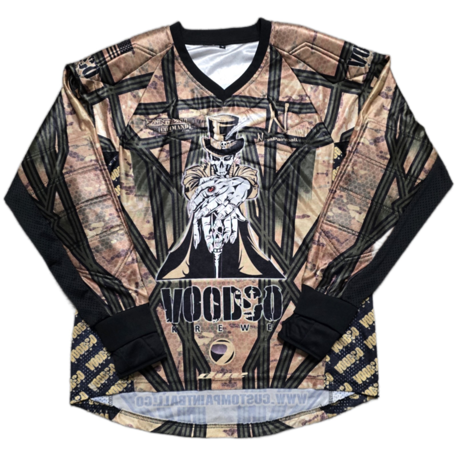 Voodoo Ninja Paintball Jersey Mens L Tarzan Black Gold Padded Long Sleeve V Neck