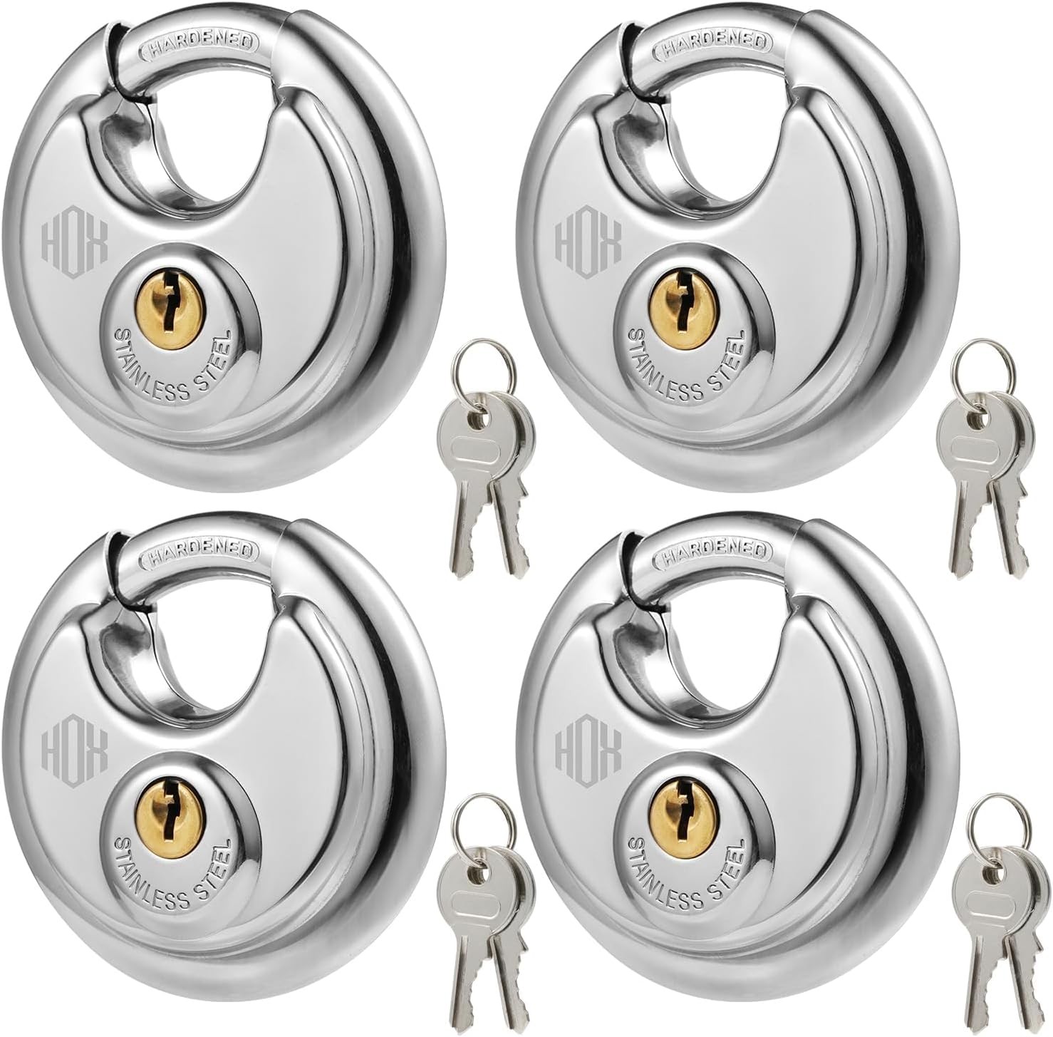 Heavy Duty Stainless Steel Keyed Disc Padlocks 4-Pack, Waterproof 3/8" Shackle,