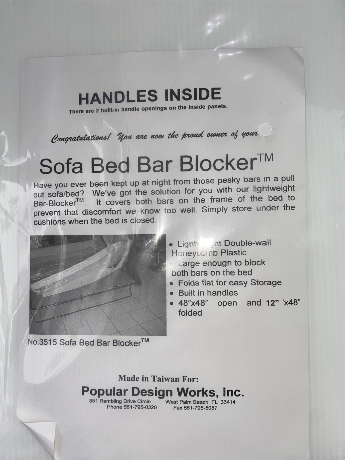 Sofa Bed Bar Blocker Popular Design 48" x 48" NEW SEALED
