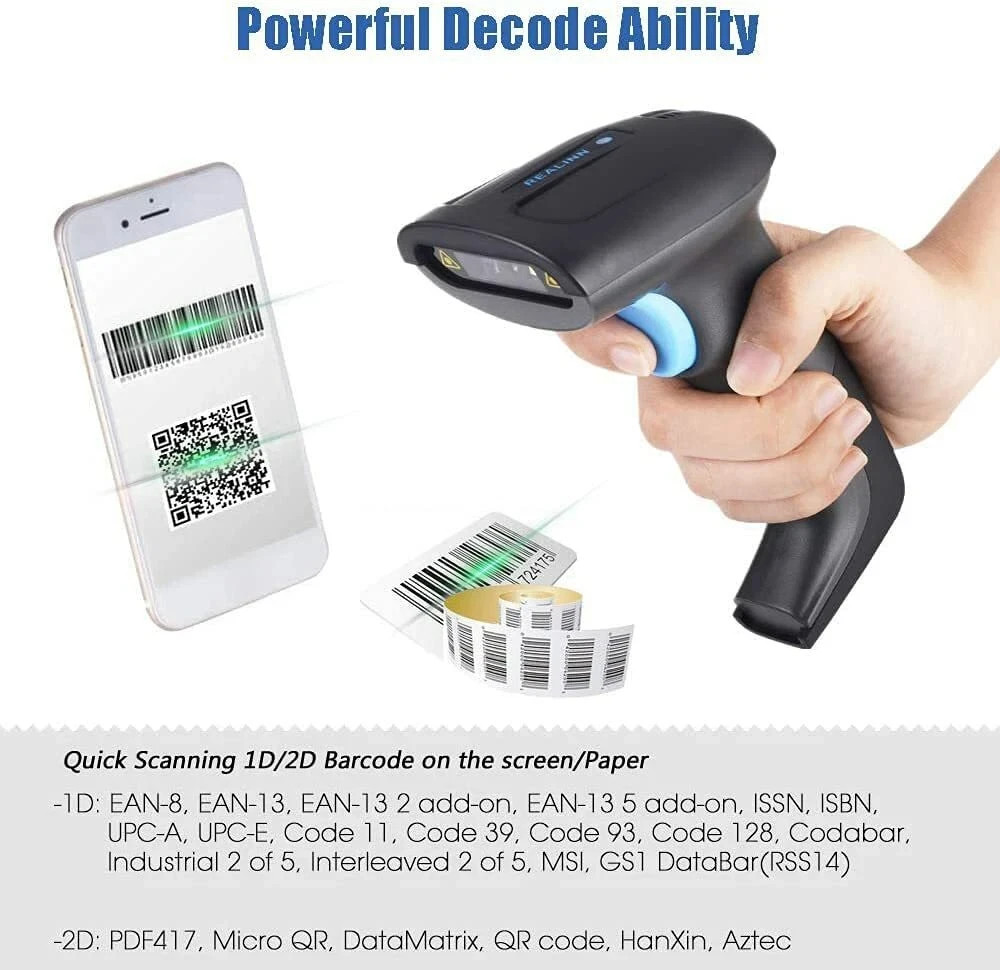 Realinn RL6200BT Wireless/BT/USB Barcode Scanner 1D 2D QR Rechargeable