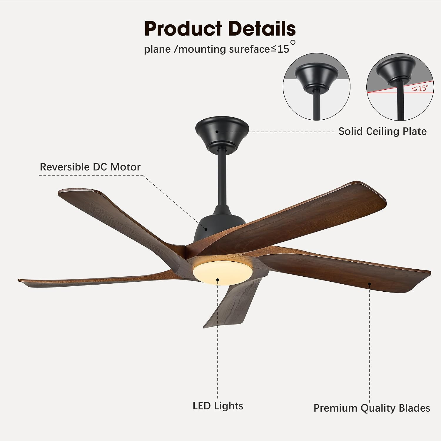 52" Solid Wood Ceiling Fan with Light, (Dark Walnut) | 6-Speed Reversible Quiet