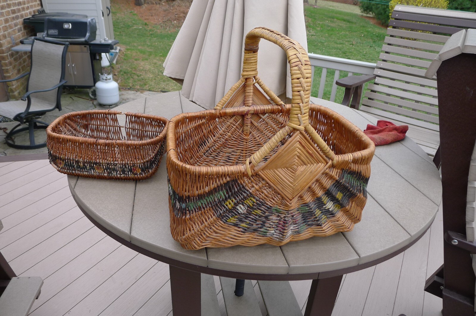 ANTIQUE DECORATED MARKET BASKET, ABOUT 14 X 11 X 8, + BREAD BASKET