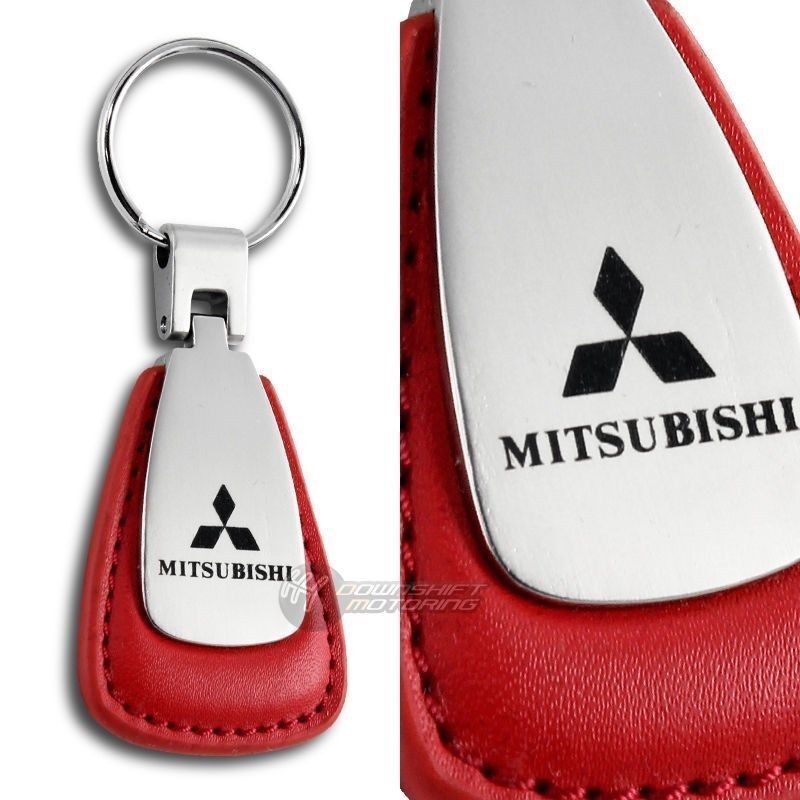 Mitsubishi Logo Tear Drop Authentic Red Leather Key Fob Keyring Keychain Tag