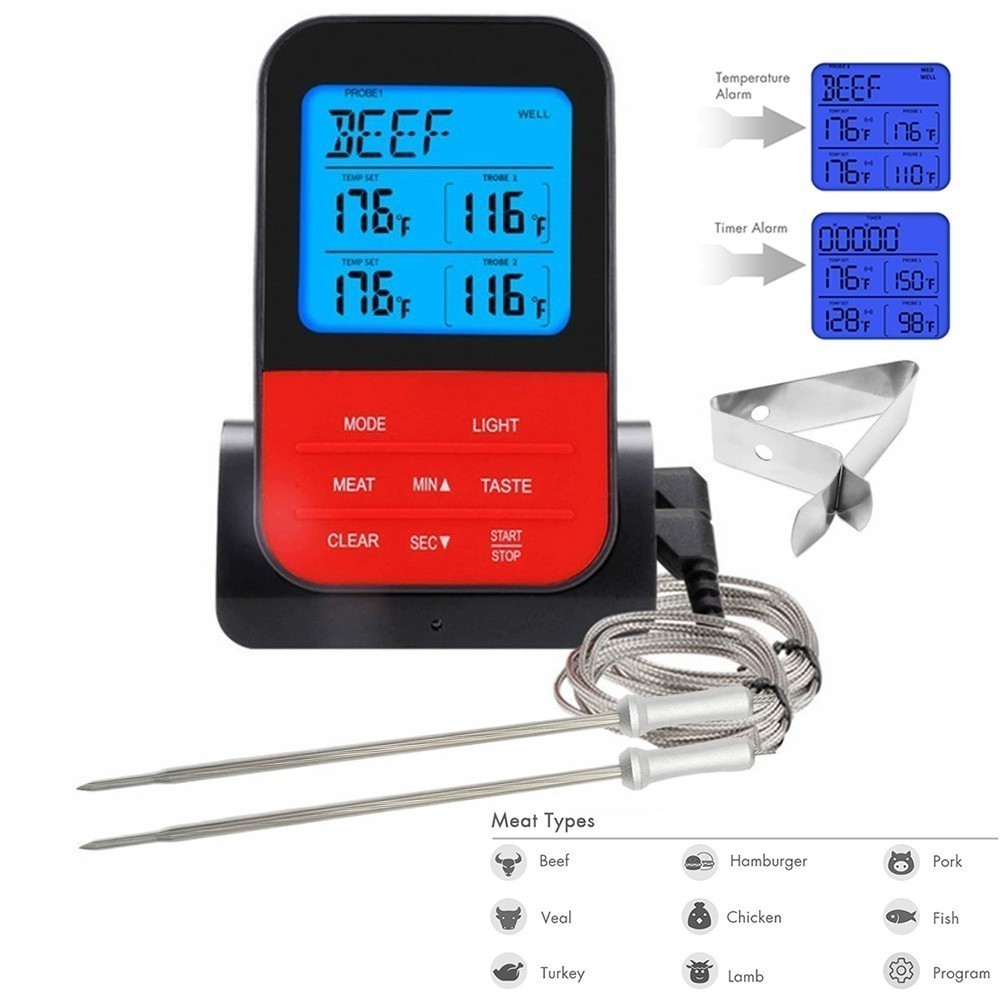 Wireless Meat Thermometer with Timer, 2Probes for BBQ Food Grill Baking Barbecue