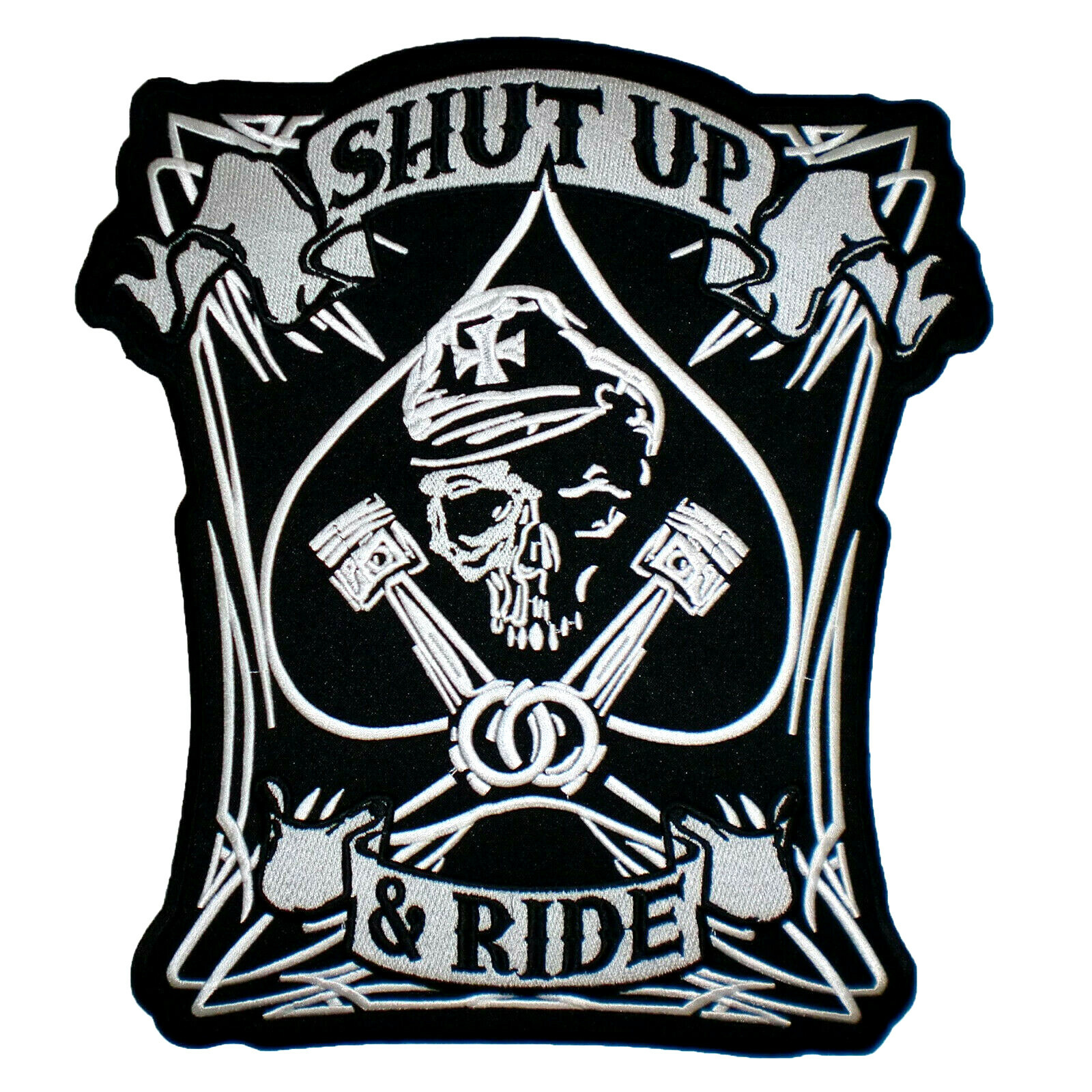11" SHUT UP & RIDE Cross Piston Skull Spade Biker Back Patch Vest Jacket Rider