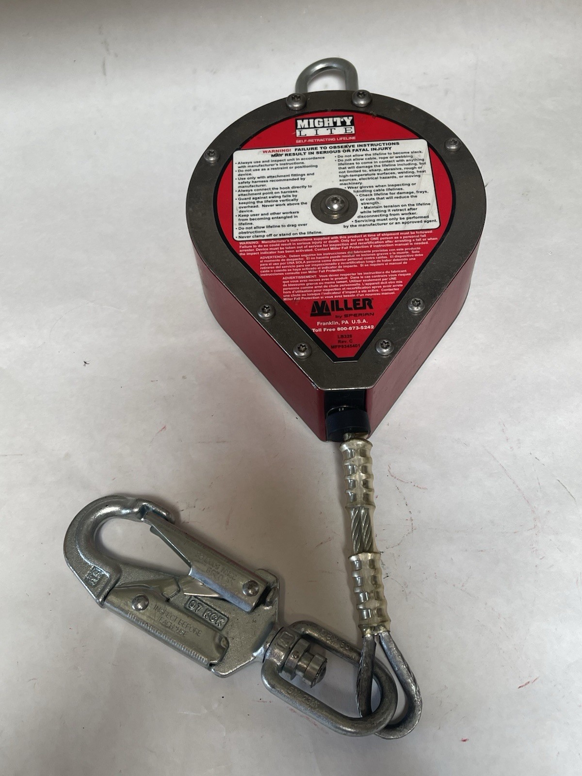 Miller RL20G Mighty Lite Self Retracting Fall Safety Lifeline 20' L 310lbs(26A93