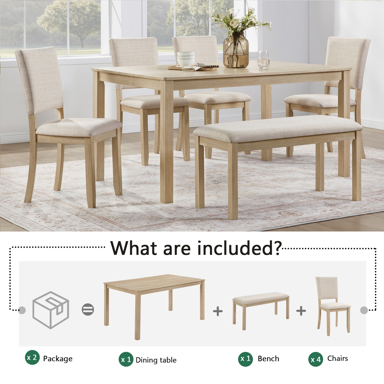 6Pcs Dining Table Set with Bench, Wooden Rectangular Kitchen Table Set Modern US