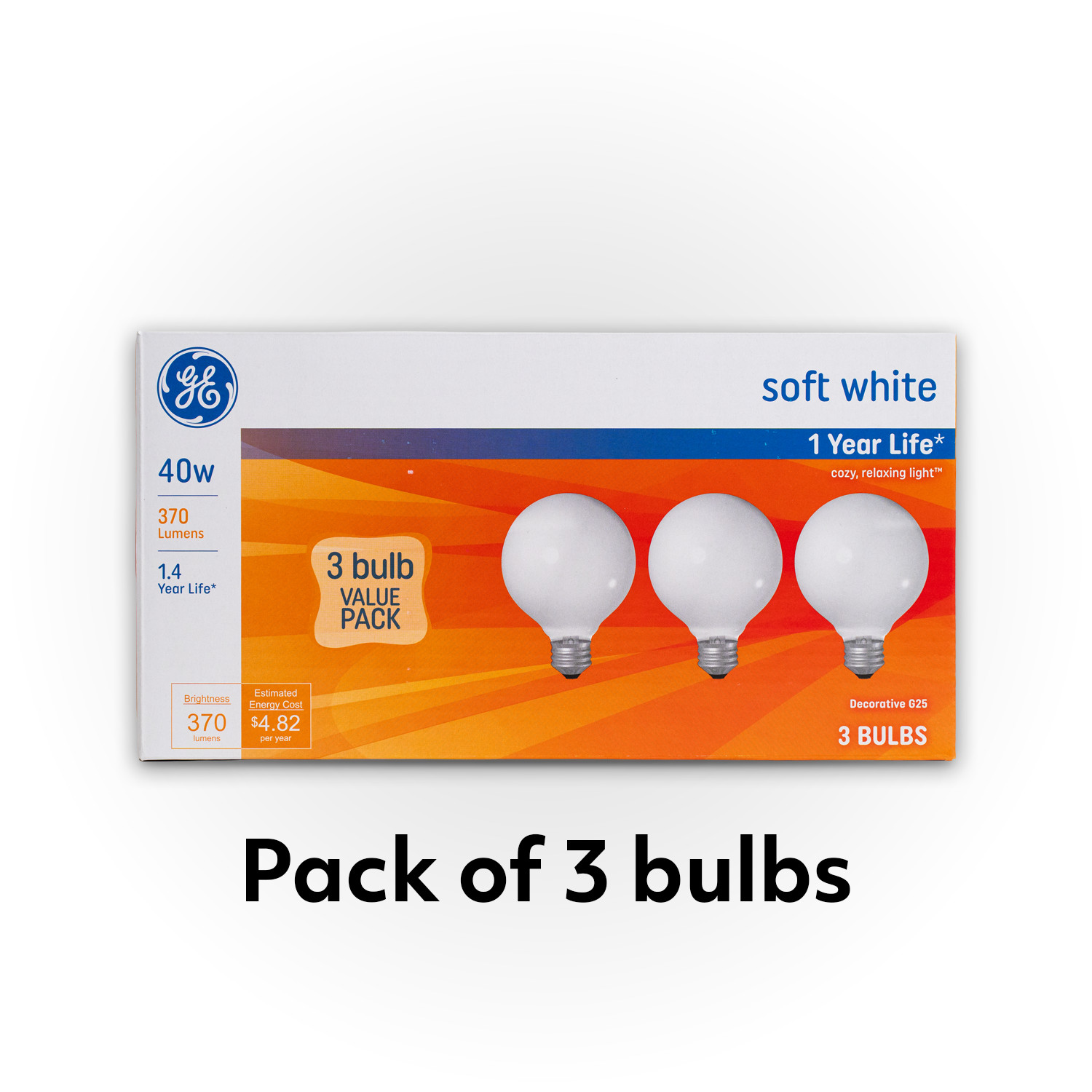 GE 40W G25 Soft White Globe Light Bulbs Vanity Medium Base 3 Pack