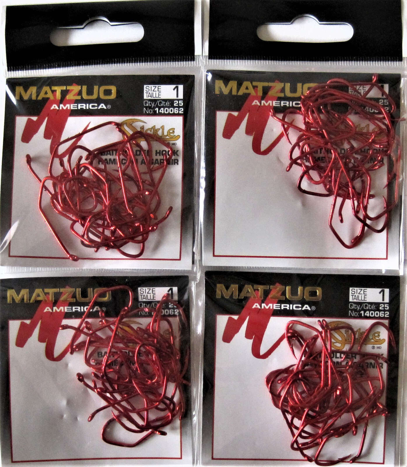 100 (4x25) Matzuo Fishing 140062 Red Sickle Baitholder Fish Hooks Size 1,2,4,6,8