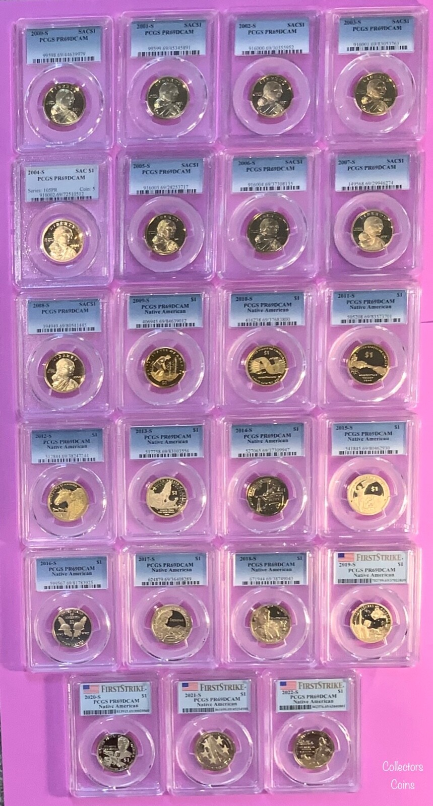 2000 - 2012, 2013 - 2022 S $1 Sacagawea Dollar Proof PCGS 69 DCAM 23 Coin Set