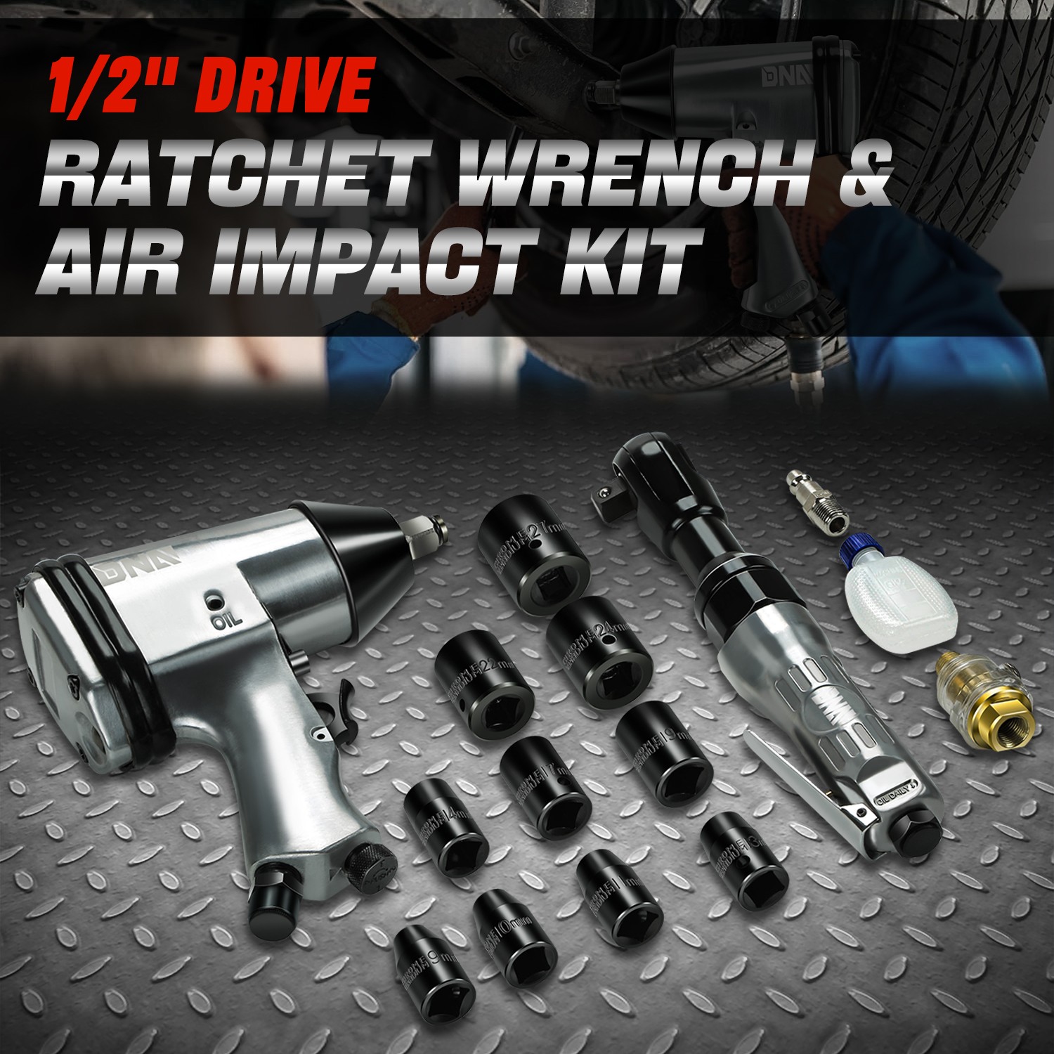 [17Pcs] 1/2 Inches Drive Heavy Duty Tool Kit Air Impact & Ratchet Wrench Set