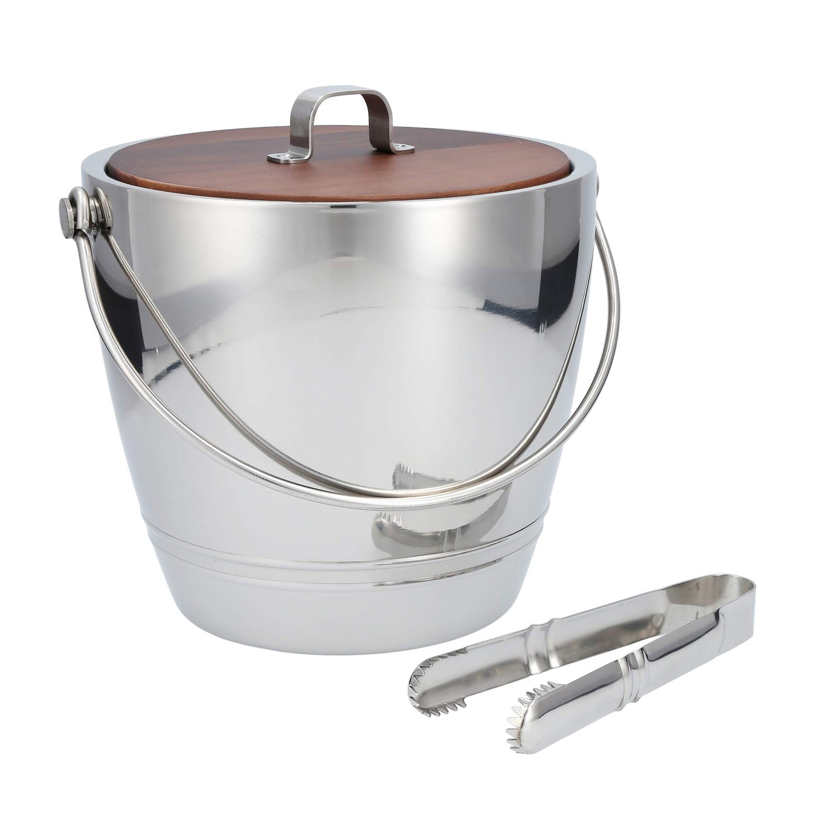 Classic Collection Stainless Steel Round Ice Bucket with Wooden lid and Tongs...